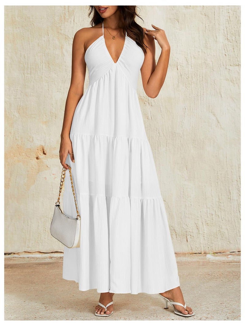 OYOANGLE Women's Summer Beach Sundress Formal Wedding Guest Dress Backless Flowy Vacation Boho Maxi Dresses White X-Small - Image 5