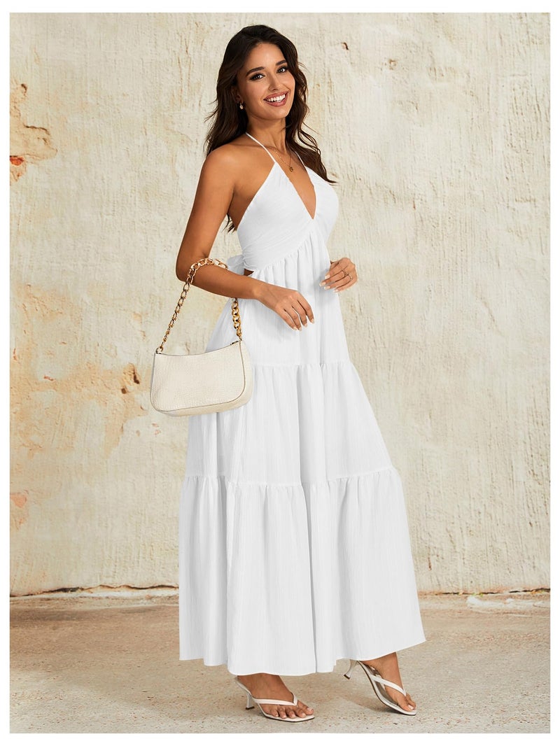 OYOANGLE Women's Summer Beach Sundress Formal Wedding Guest Dress Backless Flowy Vacation Boho Maxi Dresses White X-Small - Image 3