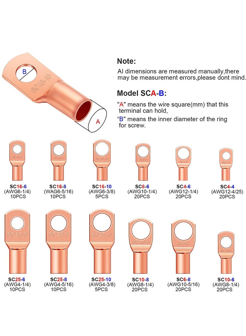 SOLARAE 170 Pieces Copper Battery Cable Ends 12 Sizes Battery Wire Lugs Eyelets Tubular Ring Terminal Connectors Sc Terminals for Automotive Supplies Awg4, Awg6, Awg8, Awg10, Awg12 (metal Color) - Image 2