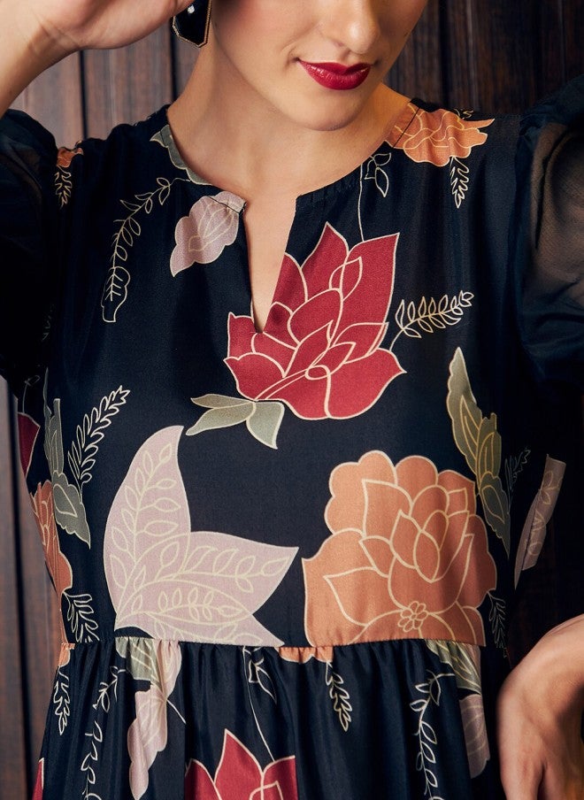 Athena فستان ماكسي أسود مزخرف بالزهور على شكل A للنساء - Image 2