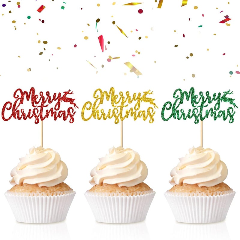 كلاراكو 48 قطعة من زينة الكب كيك لعيد الميلاد المجيد، زينة الكب كيك الذهبية والحمراء والخضراء اللامعة، زينة الكب كيك لعطلات عيد الميلاد، زينة الكب كيك لحفلات عيد الميلاد ورأس السنة الجديدة، لوازم تزيين الكب كيك - Image 1