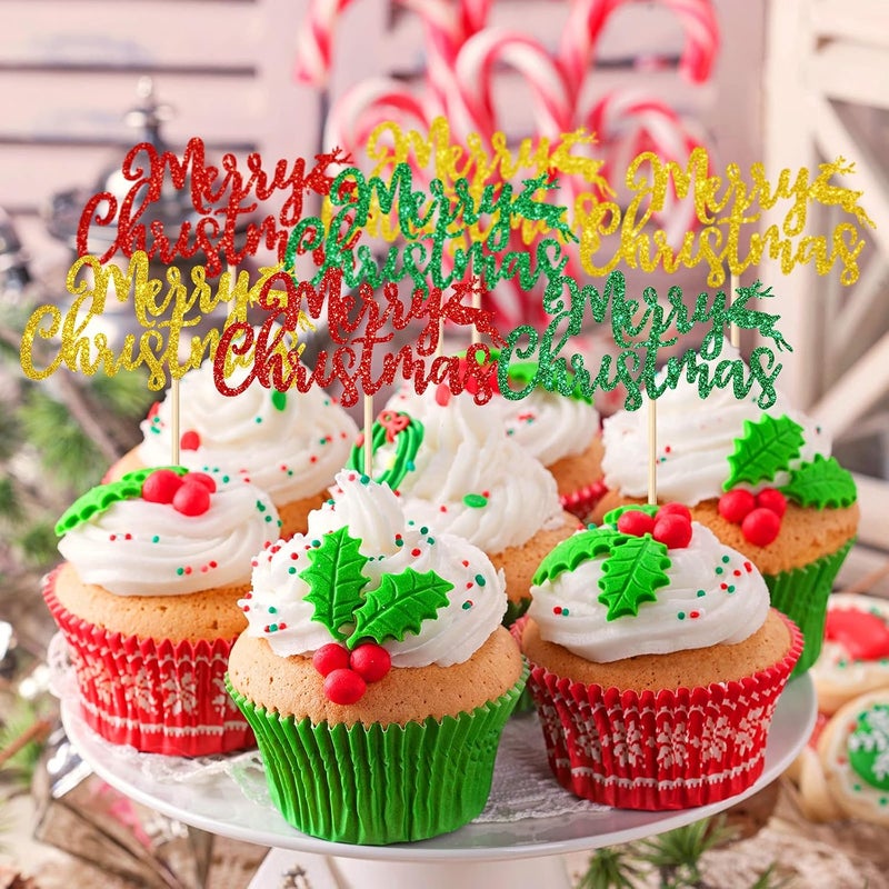 كلاراكو 48 قطعة من زينة الكب كيك لعيد الميلاد المجيد، زينة الكب كيك الذهبية والحمراء والخضراء اللامعة، زينة الكب كيك لعطلات عيد الميلاد، زينة الكب كيك لحفلات عيد الميلاد ورأس السنة الجديدة، لوازم تزيين الكب كيك - Image 4