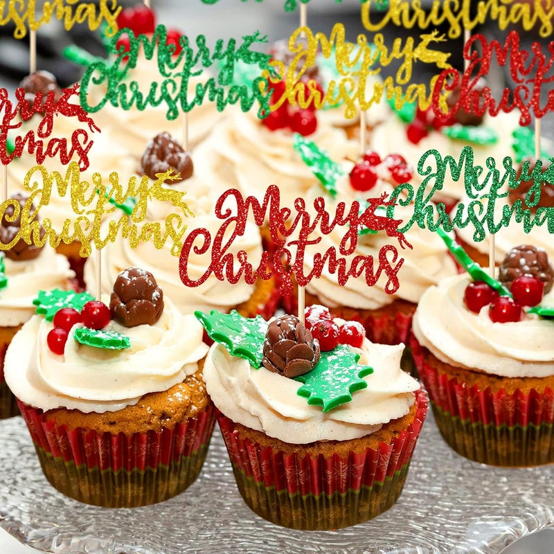 كلاراكو 48 قطعة من زينة الكب كيك لعيد الميلاد المجيد، زينة الكب كيك الذهبية والحمراء والخضراء اللامعة، زينة الكب كيك لعطلات عيد الميلاد، زينة الكب كيك لحفلات عيد الميلاد ورأس السنة الجديدة، لوازم تزيين الكب كيك - Image 5