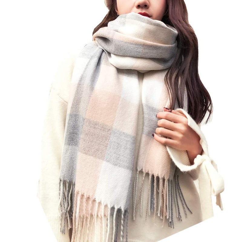 Mocasor Women's Plaid Blanket Scarf Fall Winter Soft Warm Large Lattice Shawl Wraps Big Tartan Scarves for Ladies (Beige Grey White) - Image 1