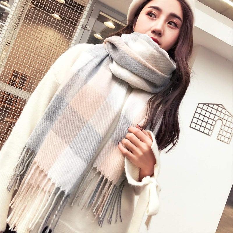 Mocasor Women's Plaid Blanket Scarf Fall Winter Soft Warm Large Lattice Shawl Wraps Big Tartan Scarves for Ladies (Beige Grey White) - Image 2
