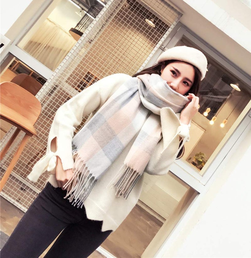 Mocasor Women's Plaid Blanket Scarf Fall Winter Soft Warm Large Lattice Shawl Wraps Big Tartan Scarves for Ladies (Beige Grey White) - Image 3