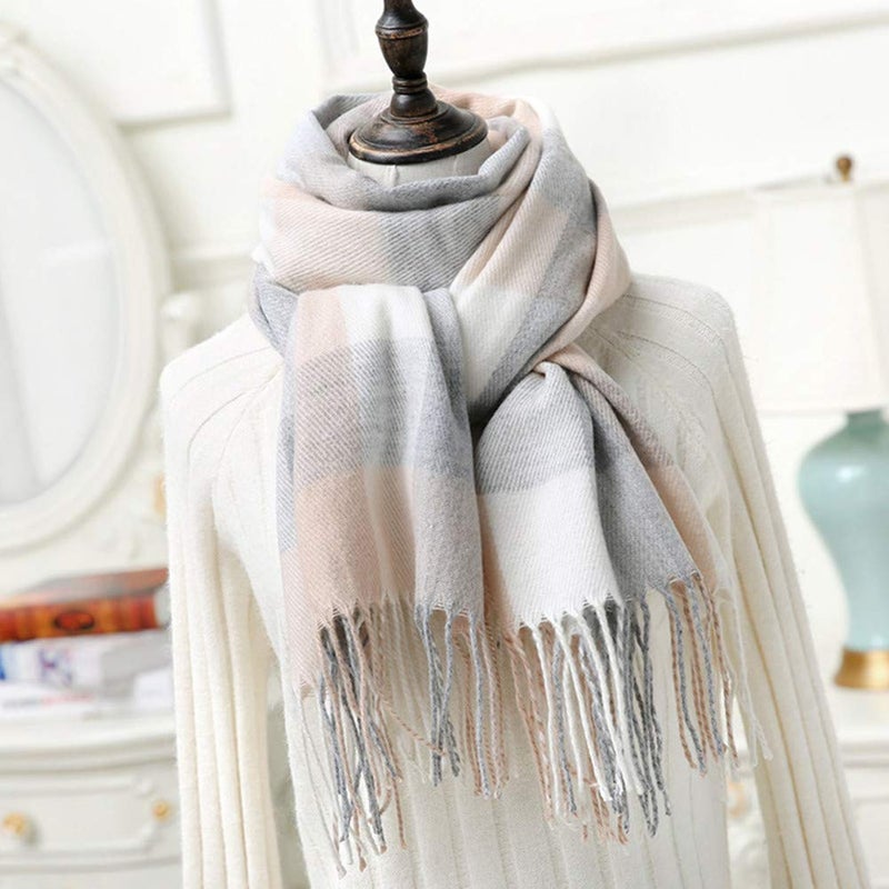 Mocasor Women's Plaid Blanket Scarf Fall Winter Soft Warm Large Lattice Shawl Wraps Big Tartan Scarves for Ladies (Beige Grey White) - Image 5