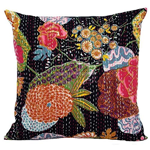 TI AMO Textile Art Cotton Fruit Kantha Embroidery Cushion Cover (16x16-inches, Multicolour) - Set of 1 Black - Image 4