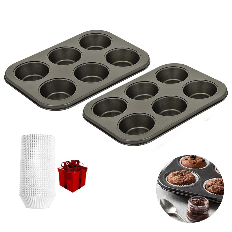 PureBake Premium SGS Certified Carbon Steel Muffin Tray 6 Cavity NonStick Baking Mold for Perfectly Baked Muffins Cupcakes with 100 PCs Paper Muffin Liners Pack of 2 - Image 1