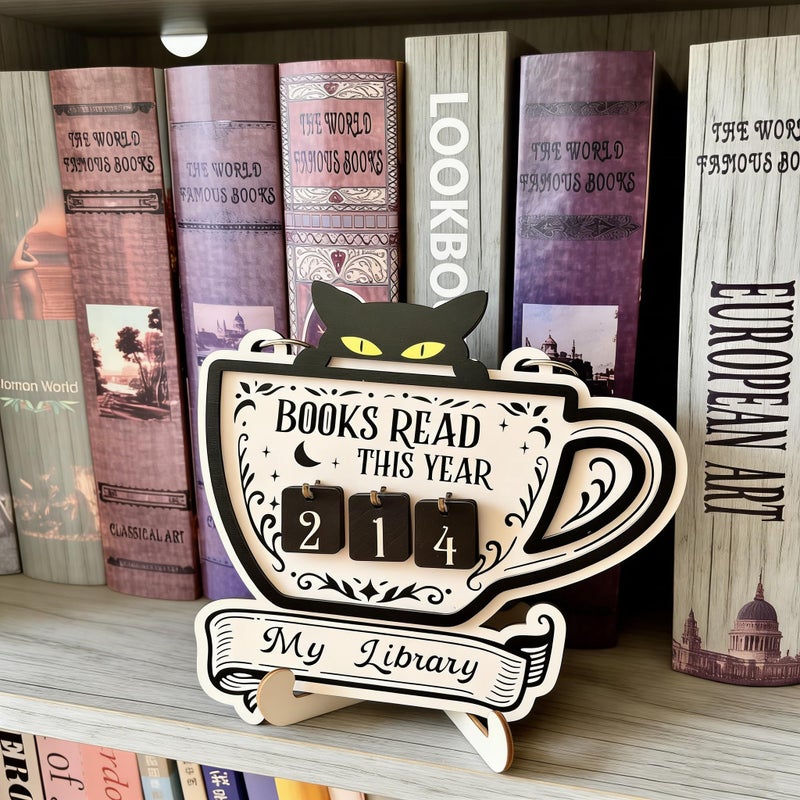 CuddleJunk Books Read This Year Counter, Cute Cat Wooden Book Counter Sign, Reading Tracker Sign for Bookshelf Decor, Gifts for Book Lovers Women Readers, Home Library Essentials - Image 1