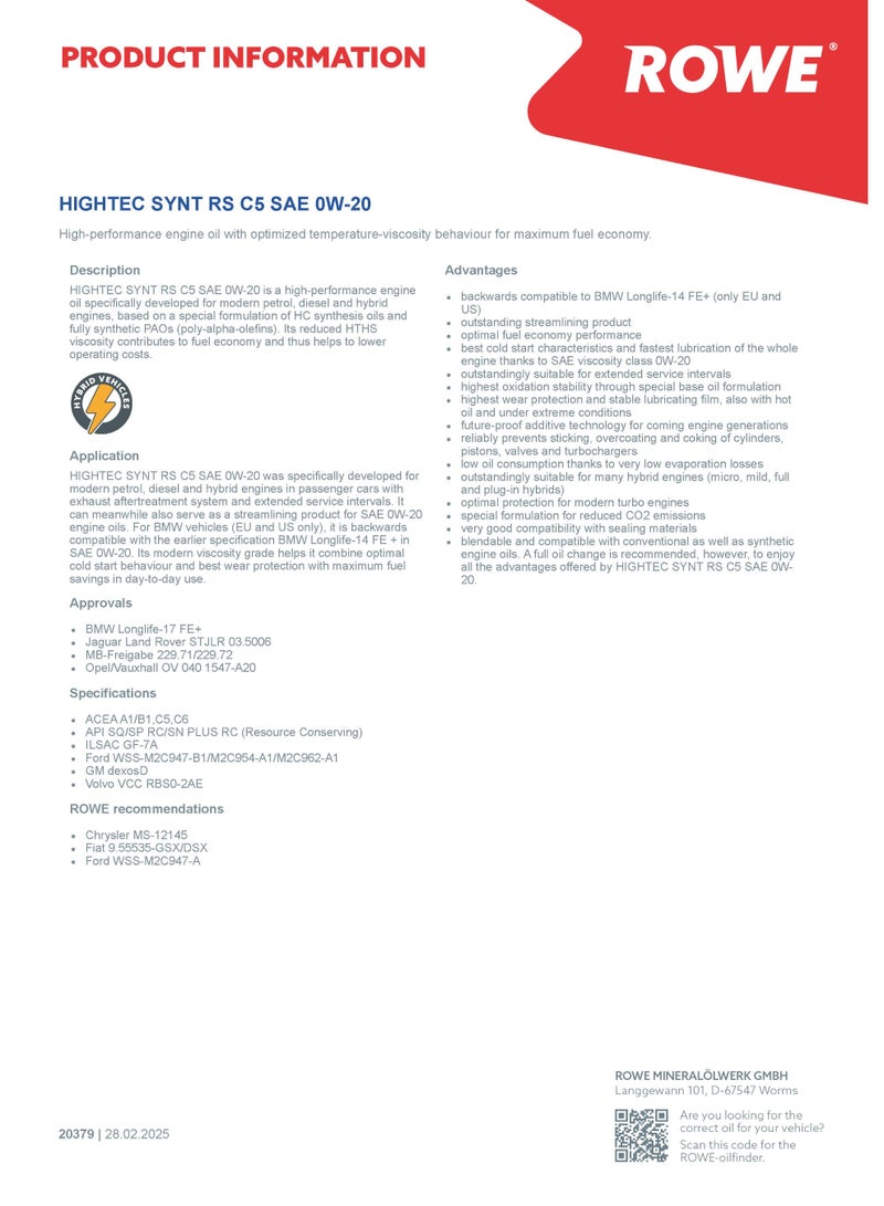 ROWE HIGHTEC FULLY SYNTHETIC RS C5 SAE 0W-20 ENGINE OIL - 5Ltr: High-performance engine oil specifically for modern petrol, diesel and hybrid engines (Germany)  - Image 2