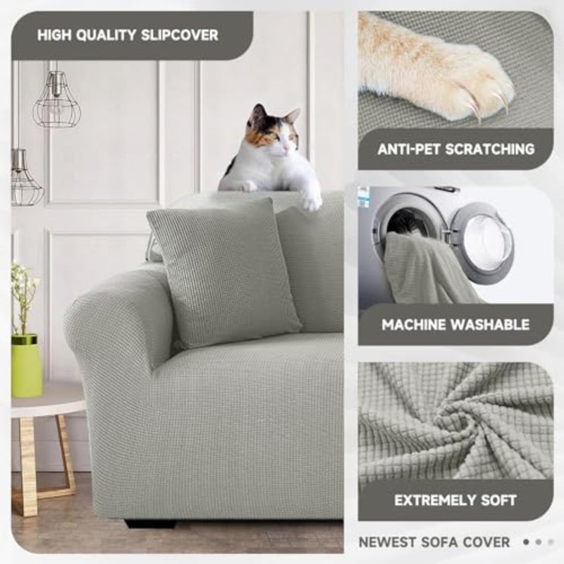 Sofa Cover, High Stretch Sofa Slipcover Elastic Fabric Couch Cover with Non Skid Foam and Elastic Bottom, Suitable for 1/2/3/4 Seater with 2 Throw pillowcase Grey, 1 Seater 35-55 In - Image 3