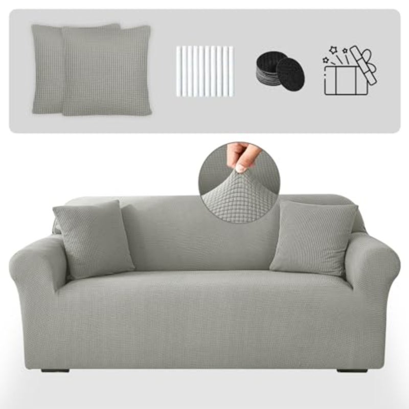 Sofa Cover, High Stretch Sofa Slipcover Elastic Fabric Couch Cover with Non Skid Foam and Elastic Bottom, Suitable for 1/2/3/4 Seater with 2 Throw pillowcase Grey, 1 Seater 35-55 In - Image 1