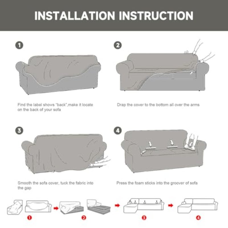 Sofa Cover, High Stretch Sofa Slipcover Elastic Fabric Couch Cover with Non Skid Foam and Elastic Bottom, Suitable for 1/2/3/4 Seater with 2 Throw pillowcase Grey, 1 Seater 35-55 In - Image 5