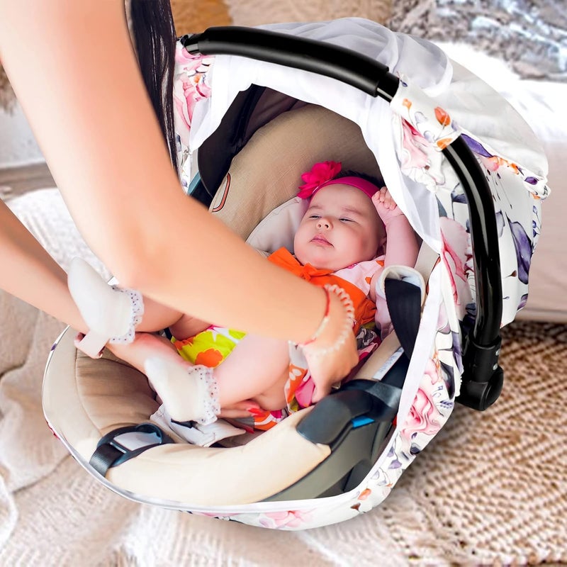 Pea Pod Floral Infant Car Seat Canopy with Peep Windows and Breathable Mesh KickProof Soft Stretchy Baby Car Seat Cover for Newborns Pink - Image 2