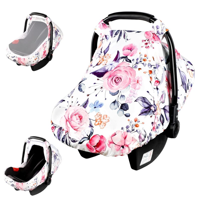 Pea Pod Floral Infant Car Seat Canopy with Peep Windows and Breathable Mesh KickProof Soft Stretchy Baby Car Seat Cover for Newborns Pink - Image 1