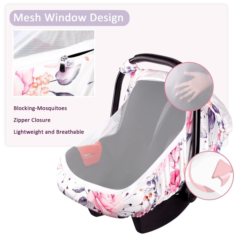 Pea Pod Floral Infant Car Seat Canopy with Peep Windows and Breathable Mesh KickProof Soft Stretchy Baby Car Seat Cover for Newborns Pink - Image 3