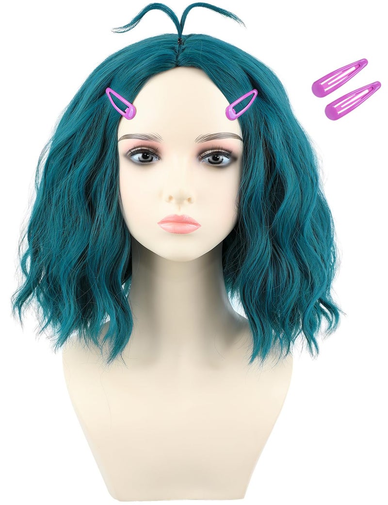 morvally Blue Green Costume Wig with Hairpins for Women Short Wavy Blue Green Wig Fun Anime Cosplay Halloween Wig Adults