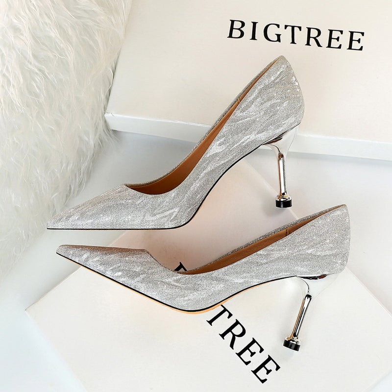 0755-A6 Fashion Banquet Women'S Shoes Stiletto High Heels Shallow Mouth Pointed Toe Sequined Women'S Shoes Wedding Shoes Flats - Image 5