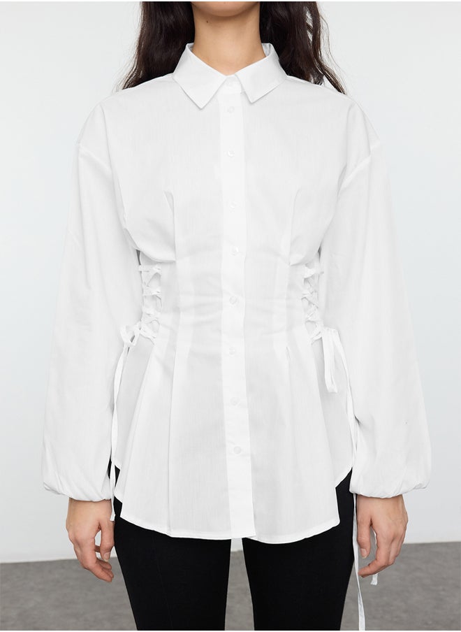 trendyol Ecru Belt Connection Detailed Woven Shirt TCTSS25TG00003  - Image 3
