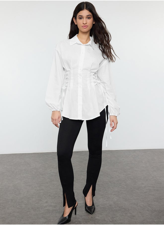 trendyol Ecru Belt Connection Detailed Woven Shirt TCTSS25TG00003  - Image 2