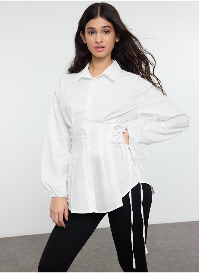 trendyol Ecru Belt Connection Detailed Woven Shirt TCTSS25TG00003  - Image 1