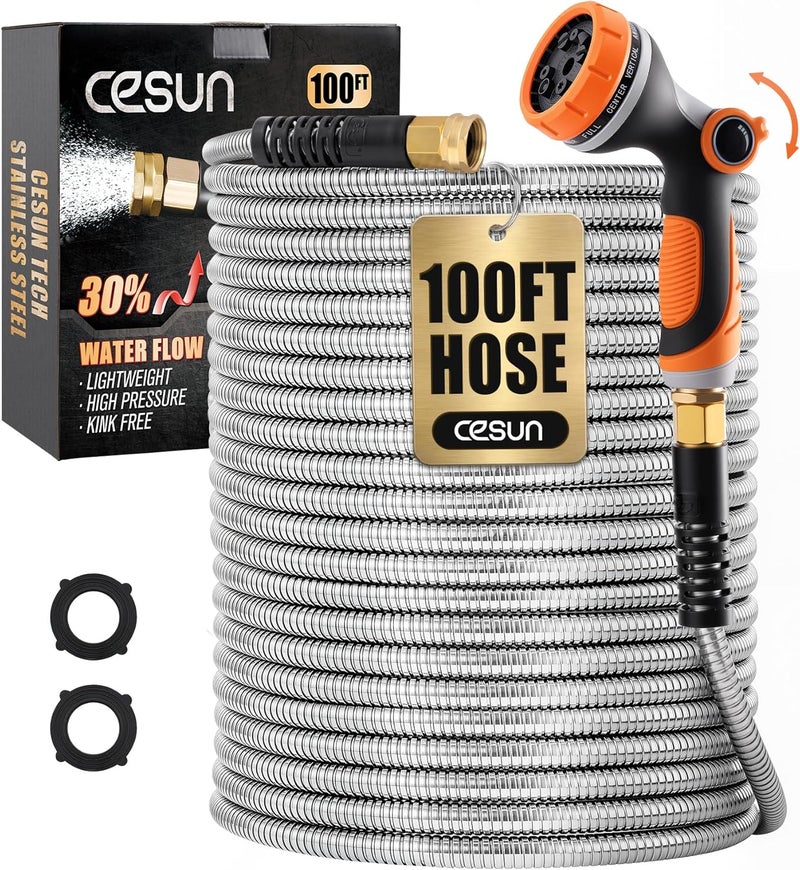 Cesun خرطوم حديقة طويل من ، طوله 100 قدم، مصنوع من فولاذ مقاوم للصدأ (مادة 304)، متين وخفيف الوزن، مرن ولا يتشوه أبدًا، مناسب للاستخدام في المنازل المتنقلة والأماكن الخارجية. - Image 1