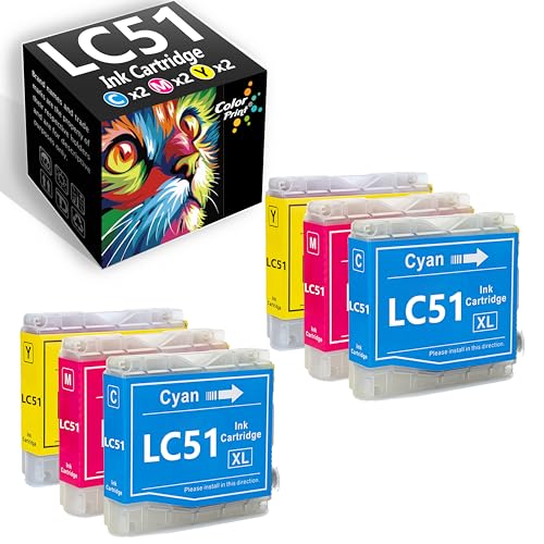 Color Print خراطيش حبر ملونة متوافقة LC51 بديل لخراطيش حبر Brother LC-51 ملونة LC51CL لطابعة MFC 665CW 885CW 230C 240C MFC-465CN MFC-5860CN DCP-130C 357C 560CN 770CW (6 عبوات، 2C، 2M، 2Y) - Image 1