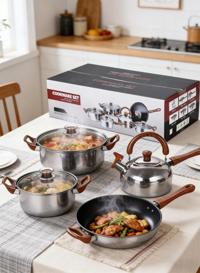 COOKWARE SET, STAINLESS STEEL POTS AND PANS, NON-STICK COOKING POTS, PFOA FREE - FRYING PAN, CASSEROLE WITH LID, SAUCEPAN, GRILL PAN, KITCHEN TOOLS