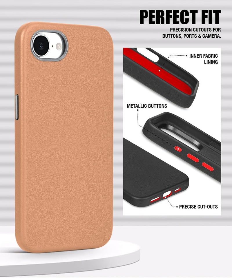 WOW IMAGINE Back Cover for iPhone 16e | iPhone 17e | Shockproof Tough Leather Texture Hard Mobile Case | Ultra Slim Non-Slip Grip | Inner Velvet Fabric | Metal Camera Ring – Tan Brown - Image 3