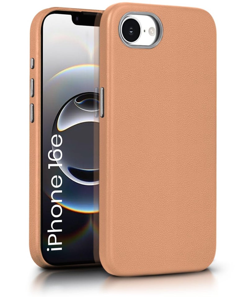 WOW IMAGINE Back Cover for iPhone 16e | iPhone 17e | Shockproof Tough Leather Texture Hard Mobile Case | Ultra Slim Non-Slip Grip | Inner Velvet Fabric | Metal Camera Ring – Tan Brown - Image 1