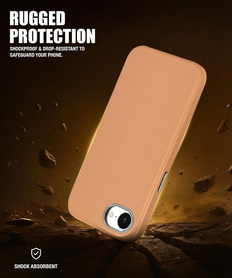 WOW IMAGINE Back Cover for iPhone 16e | iPhone 17e | Shockproof Tough Leather Texture Hard Mobile Case | Ultra Slim Non-Slip Grip | Inner Velvet Fabric | Metal Camera Ring – Tan Brown - Image 4
