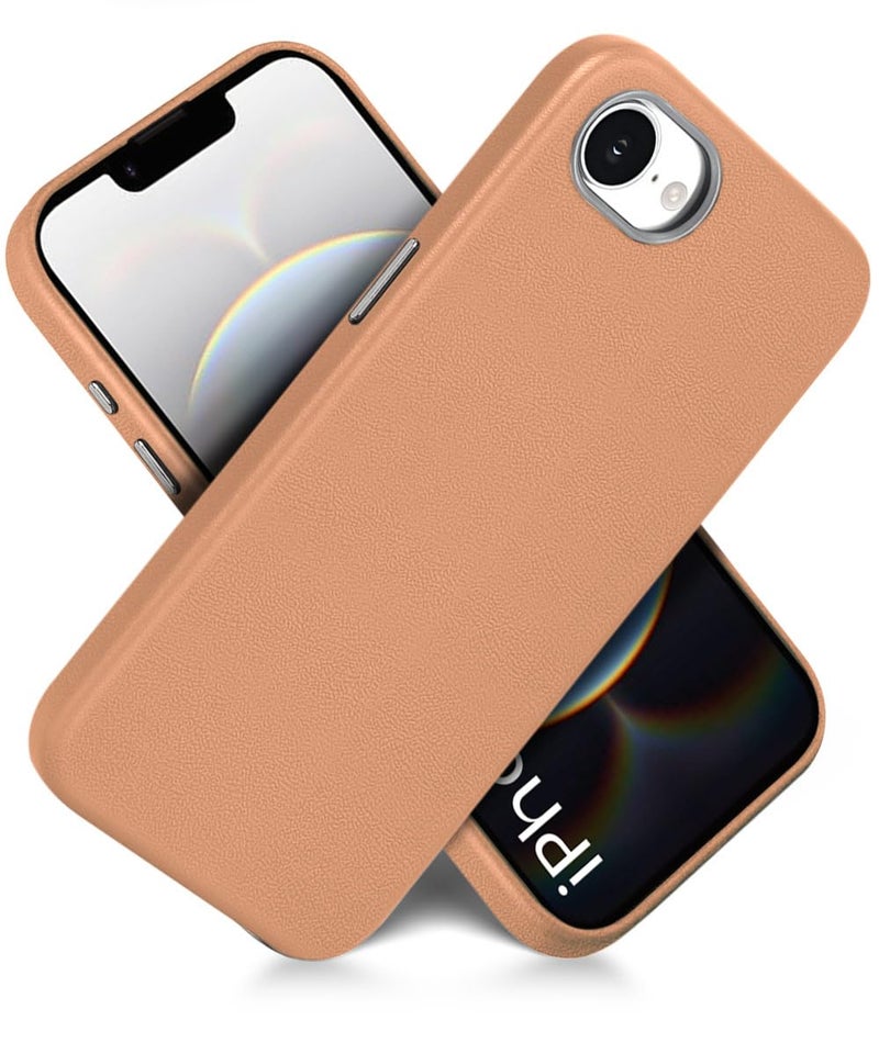 WOW IMAGINE Back Cover for iPhone 16e | iPhone 17e | Shockproof Tough Leather Texture Hard Mobile Case | Ultra Slim Non-Slip Grip | Inner Velvet Fabric | Metal Camera Ring – Tan Brown - Image 2