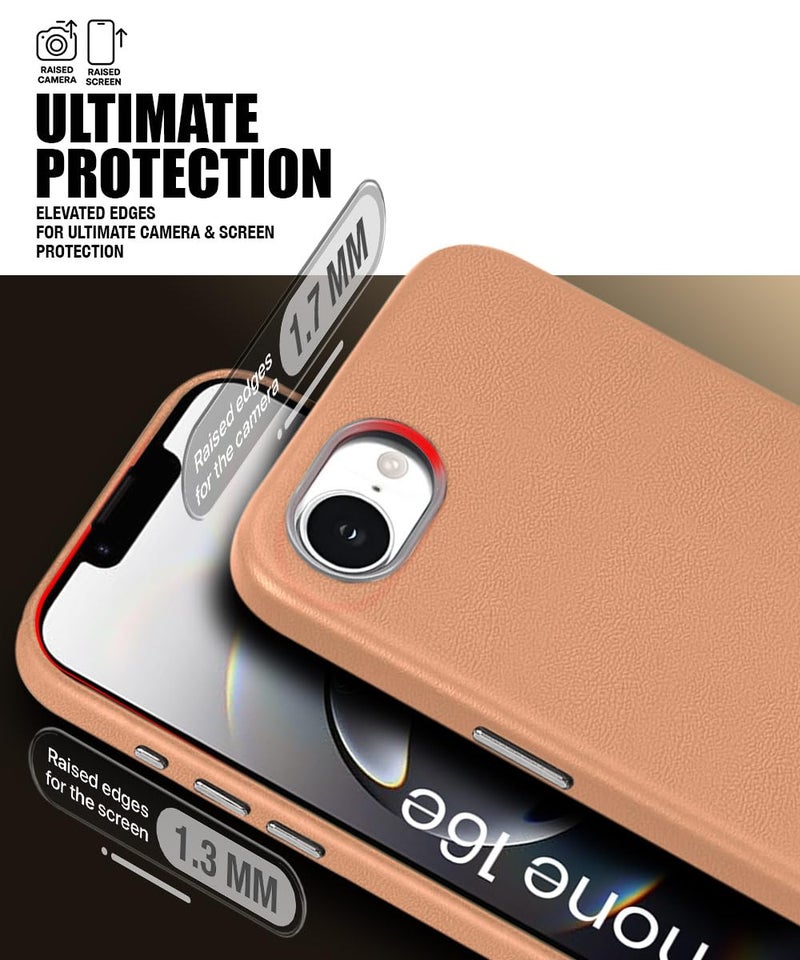 WOW IMAGINE Back Cover for iPhone 16e | iPhone 17e | Shockproof Tough Leather Texture Hard Mobile Case | Ultra Slim Non-Slip Grip | Inner Velvet Fabric | Metal Camera Ring – Tan Brown - Image 5