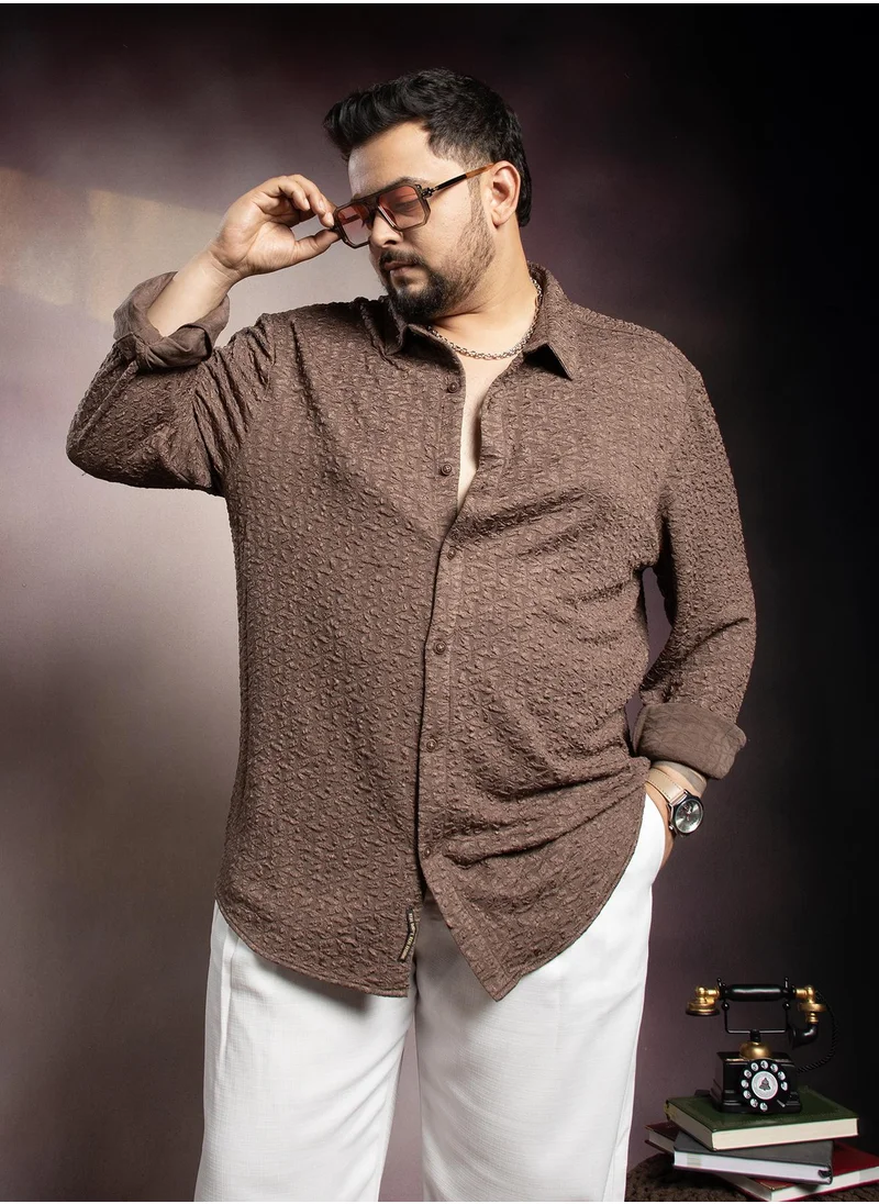 انستافاب بلس Instafab Plus Men's Chocolate Brown Bloom-Textured Shirt For Casual Wear | Spread Collar | Long Cuffed Sleeves | Button Closure | Plus Size Shirt Crafted With Comfort Fit For Everyday Wear
