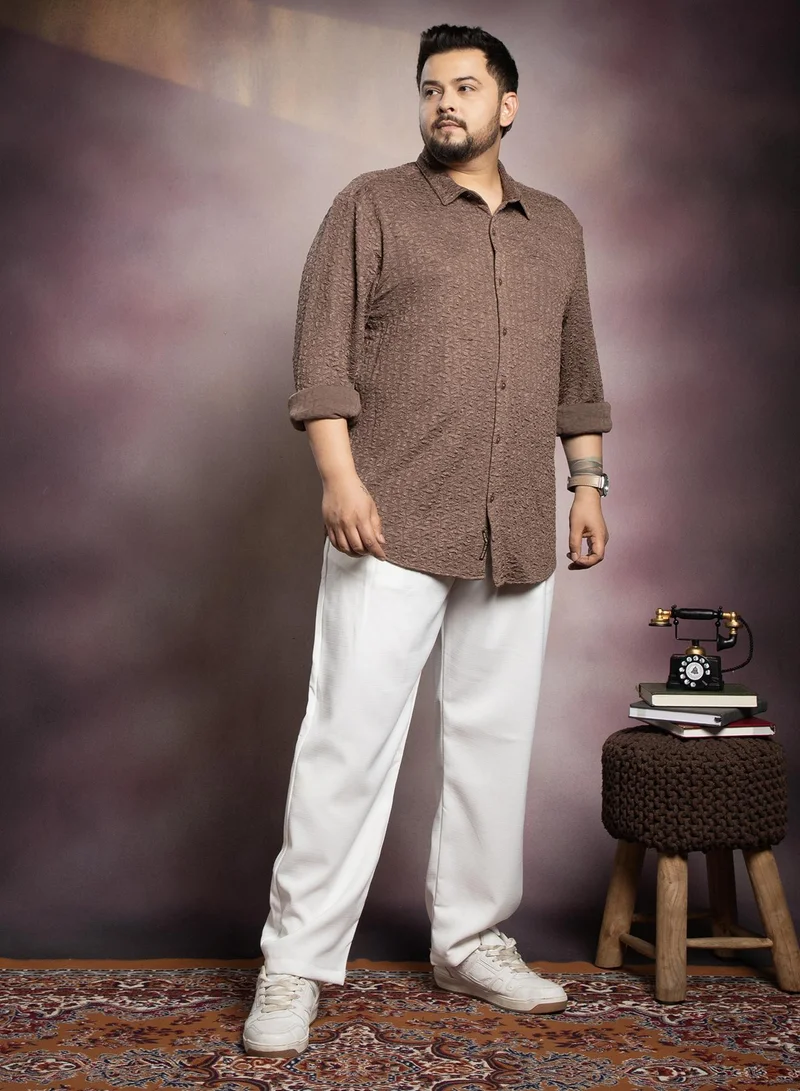 Instafab Plus Instafab Plus Men's Chocolate Brown Bloom-Textured Shirt For Casual Wear | Spread Collar | Long Cuffed Sleeves | Button Closure | Plus Size Shirt Crafted With Comfort Fit For Everyday Wear