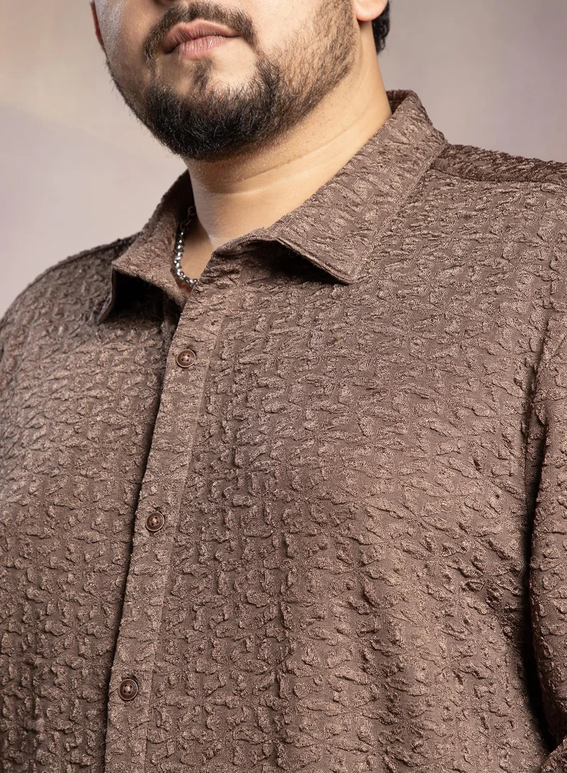 Instafab Plus Instafab Plus Men's Chocolate Brown Bloom-Textured Shirt For Casual Wear | Spread Collar | Long Cuffed Sleeves | Button Closure | Plus Size Shirt Crafted With Comfort Fit For Everyday Wear