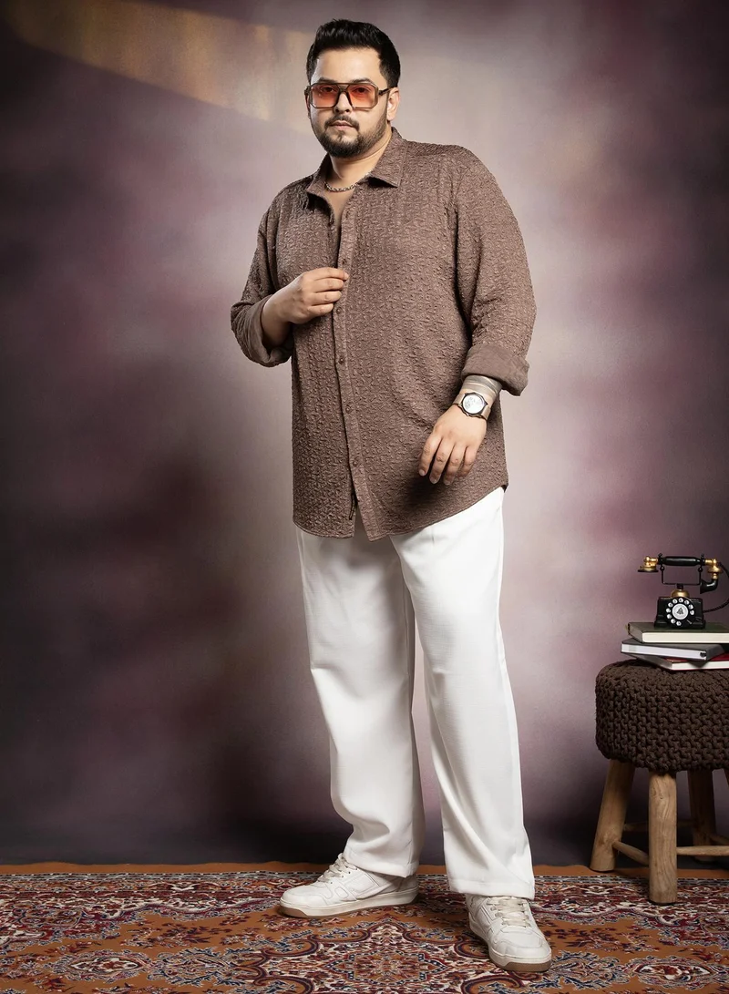 Instafab Plus Instafab Plus Men's Chocolate Brown Bloom-Textured Shirt For Casual Wear | Spread Collar | Long Cuffed Sleeves | Button Closure | Plus Size Shirt Crafted With Comfort Fit For Everyday Wear