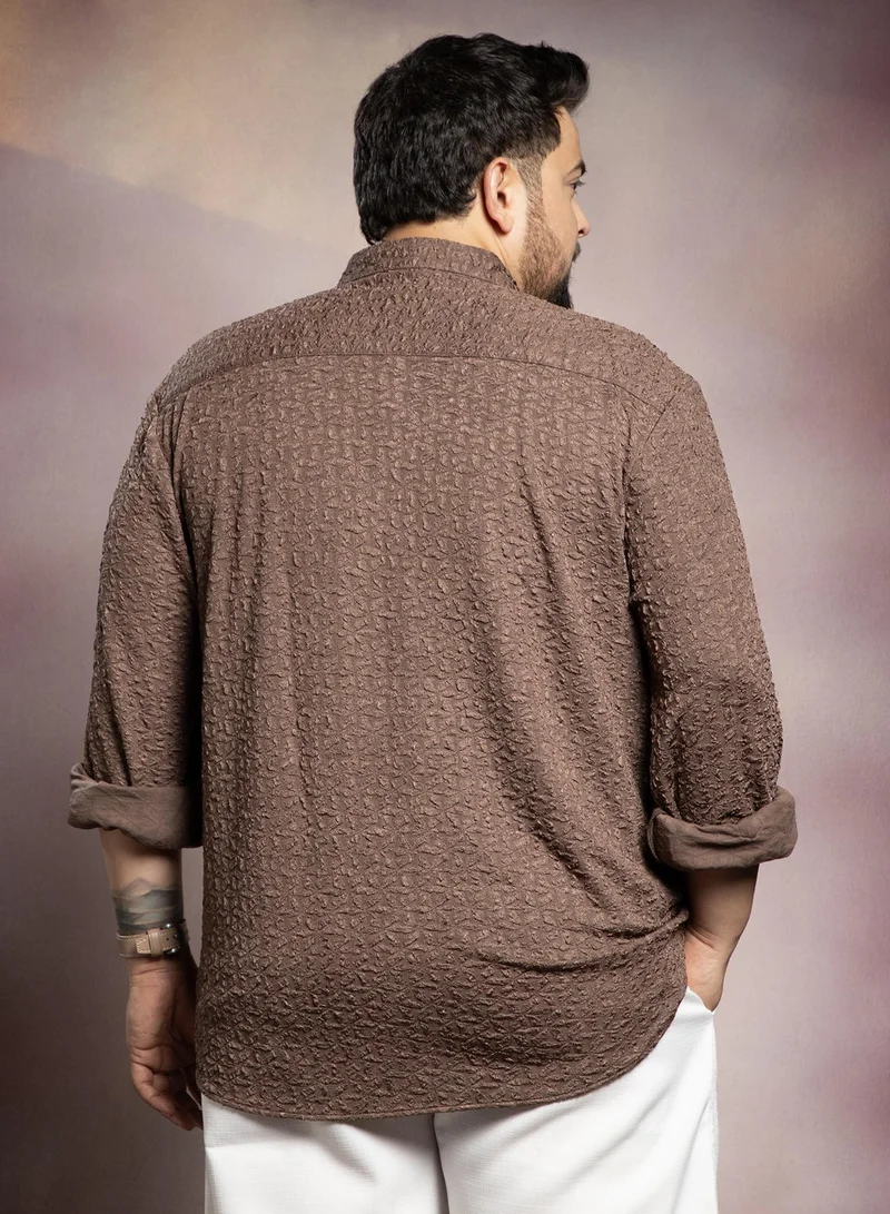 Instafab Plus Instafab Plus Men's Chocolate Brown Bloom-Textured Shirt For Casual Wear | Spread Collar | Long Cuffed Sleeves | Button Closure | Plus Size Shirt Crafted With Comfort Fit For Everyday Wear