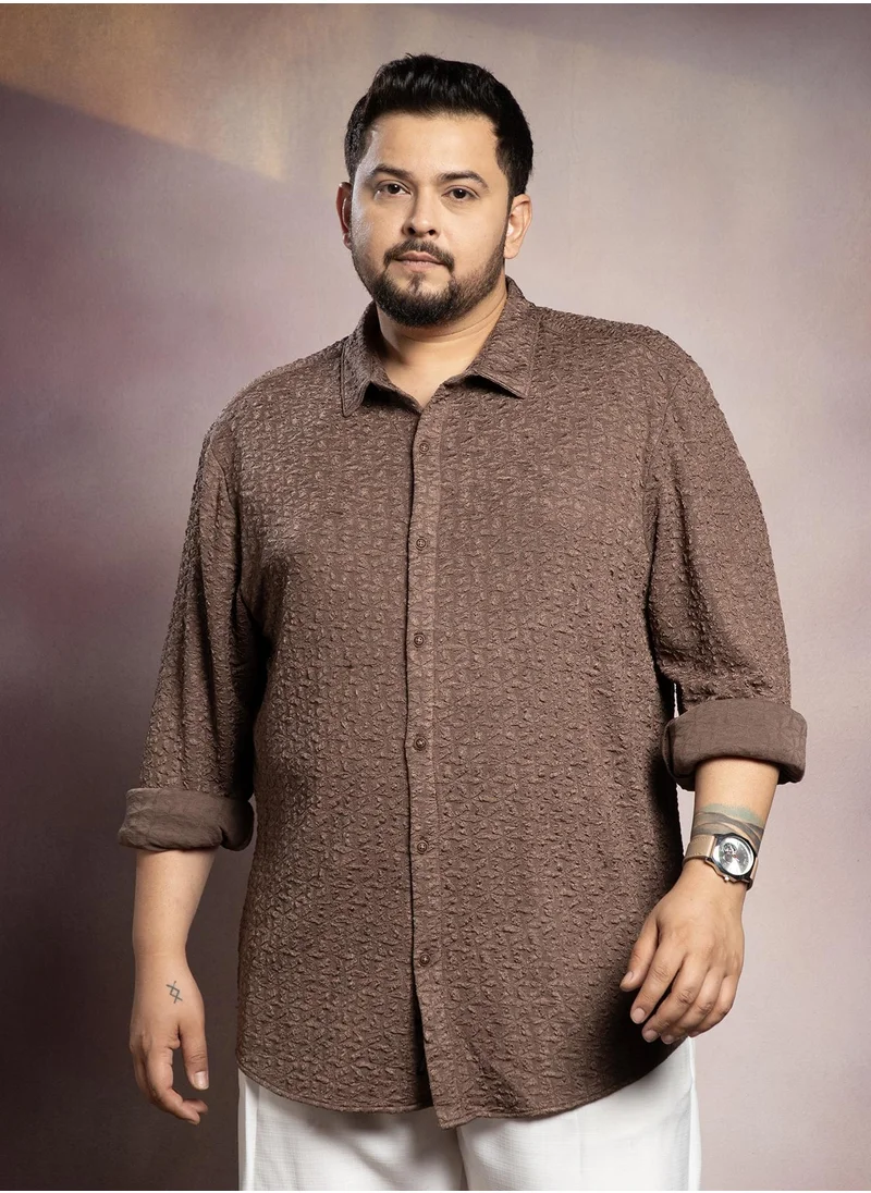 انستافاب بلس Instafab Plus Men's Chocolate Brown Bloom-Textured Shirt For Casual Wear | Spread Collar | Long Cuffed Sleeves | Button Closure | Plus Size Shirt Crafted With Comfort Fit For Everyday Wear
