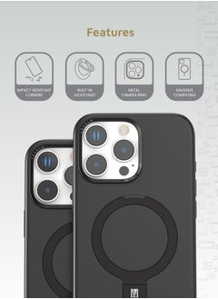 LEVELO iPhone 16 Pro MagSafe Case Iris Pro Liquide Silicone Cover/ Built-in Kick Stand/ Metal Camera Ring / Hybrid Construction/ Impact Resistant Corners - Black  - Image 2