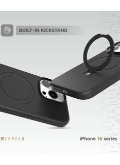 LEVELO iPhone 16 Pro MagSafe Case Iris Pro Liquide Silicone Cover/ Built-in Kick Stand/ Metal Camera Ring / Hybrid Construction/ Impact Resistant Corners - Black  - Image 3