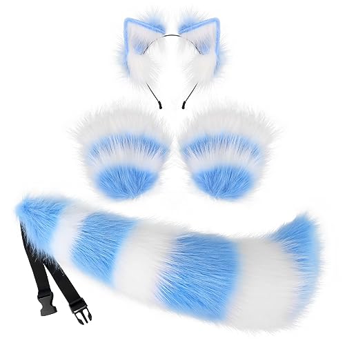 JUNBOON Faux Fur Cat Ears and Wolf Fox Tail Set Adult Claw Glove Kit for Halloween Anime Cosplay Party - Image 1