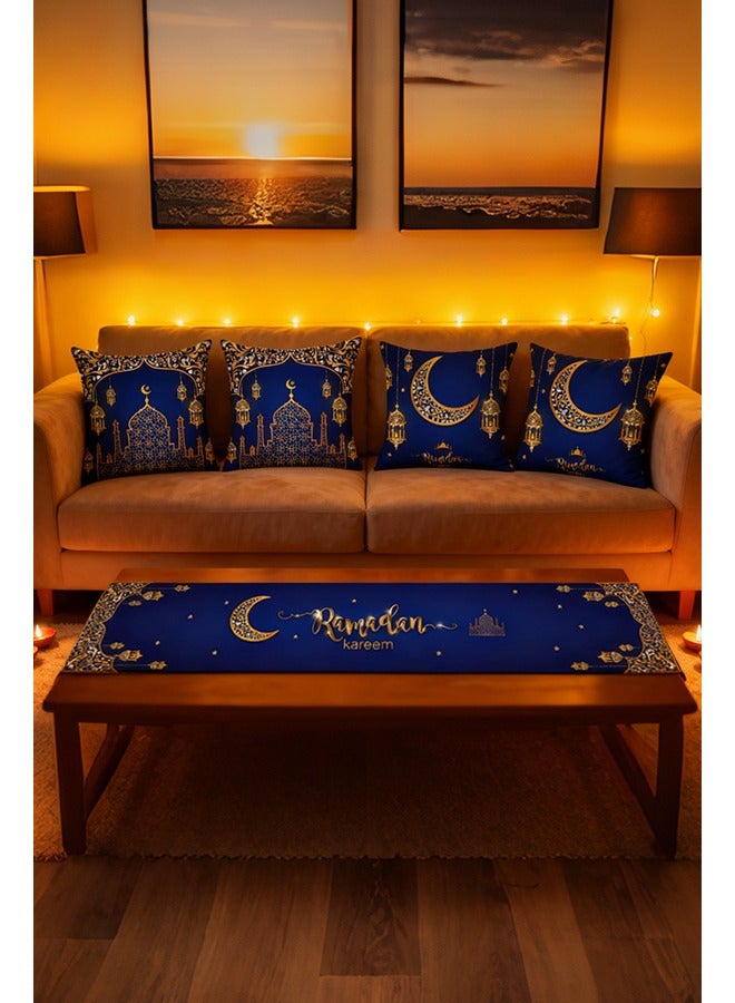 Sunnaltree 5PCS Table Runner Set,Kitchen Table Decoration,Holiday Kitchen Dining Table Runners Set for Home Party Decor, Ramadan and Eid Ramadan Party Decorations,1PC Table Runner, 4PC Pillow Cover (Blue) - Image 2