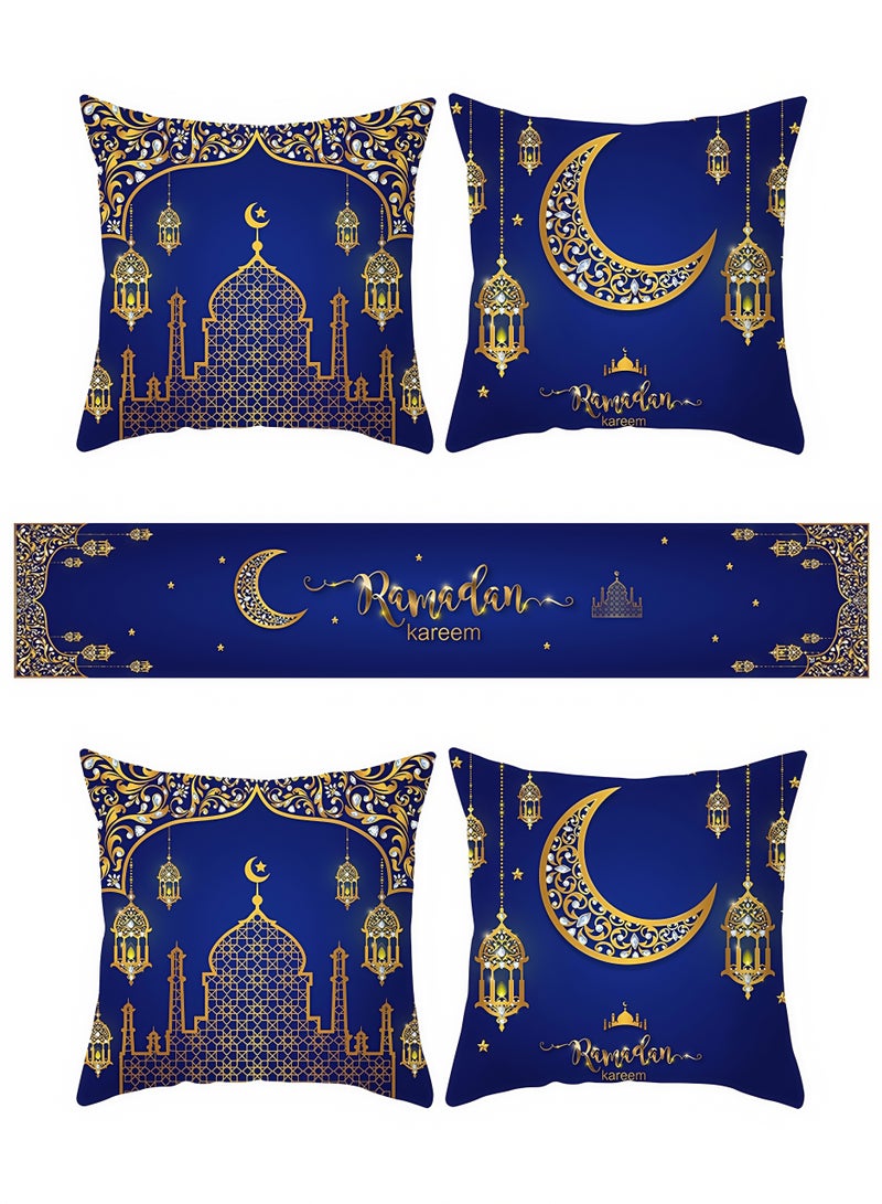 Sunnaltree 5PCS Table Runner Set,Kitchen Table Decoration,Holiday Kitchen Dining Table Runners Set for Home Party Decor, Ramadan and Eid Ramadan Party Decorations,1PC Table Runner, 4PC Pillow Cover (Blue) - Image 1