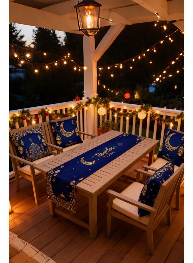 Sunnaltree 5PCS Table Runner Set,Kitchen Table Decoration,Holiday Kitchen Dining Table Runners Set for Home Party Decor, Ramadan and Eid Ramadan Party Decorations,1PC Table Runner, 4PC Pillow Cover (Blue) - Image 3