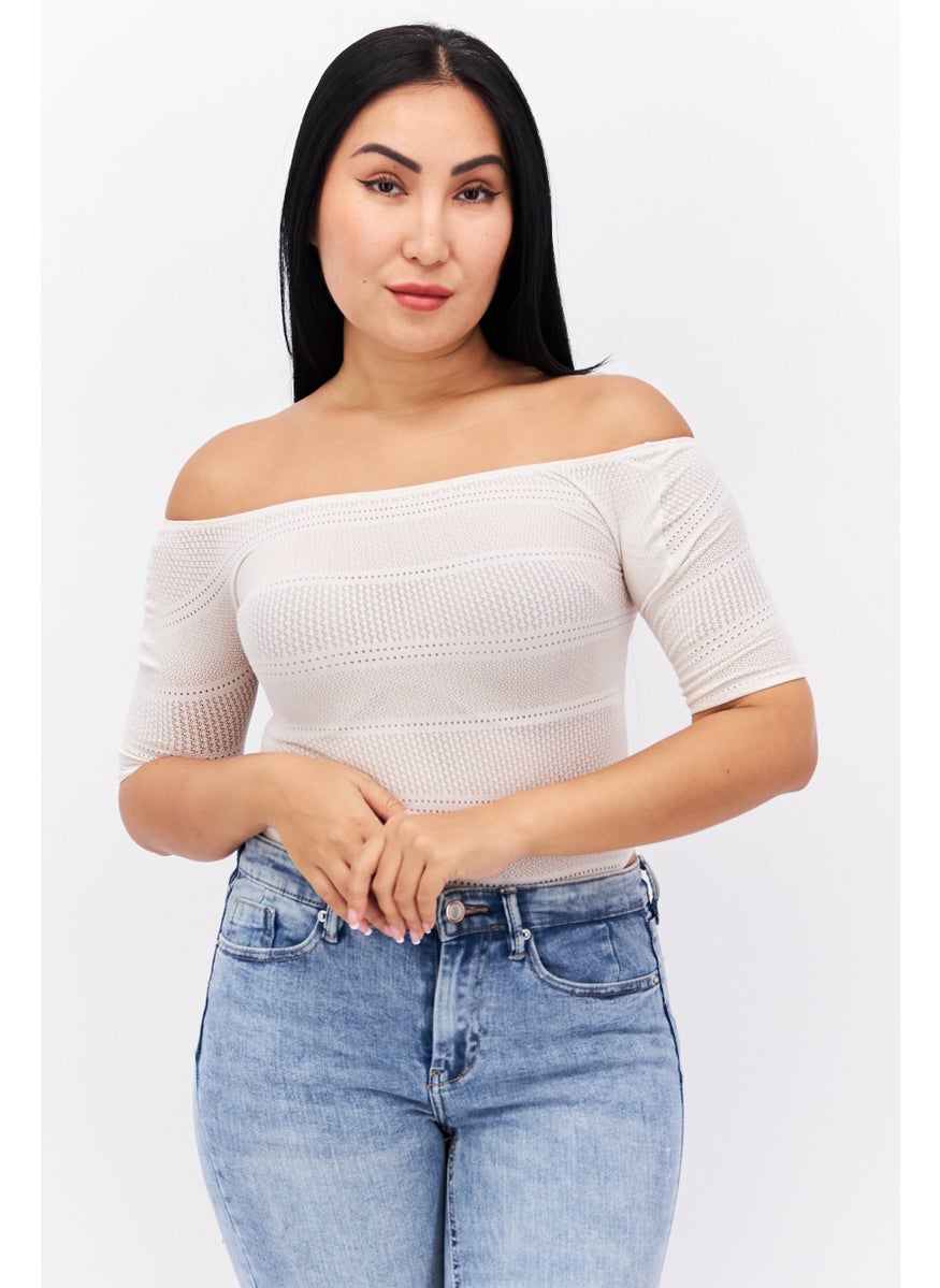 Etam Women Off Shoulder Neck Short Sleeve Textured Bodysuit, Light Pink  - Image 1