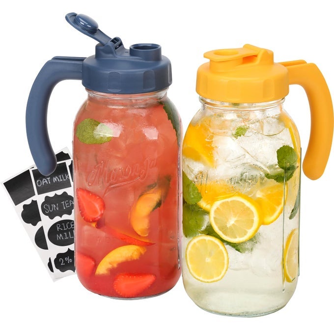 GLASS MASON JAR PITCHER WITH LID WIDE MOUTH FLIP CAP POUR SPOUT LEAKPROOF LID WITH HANDLE 64 OZ 2 QUART 19 LITER FOR SUN TEAICED TEAJUICECOLD BREW COFFEEMILK