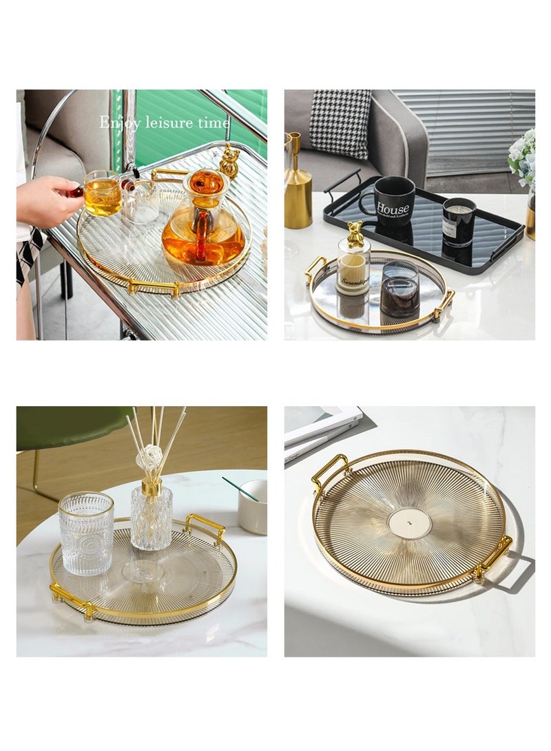 وانغبانغزي صينية تقديم مستديرة متعددة الوظائف للشاي والفاكهة والمشروبات والمأكولات والمشروبات، صينية ديكور لغرفة المعيشة، طبق عرض مجوهرات ومكياج، ذهبي شفاف 27 سم - Image 2