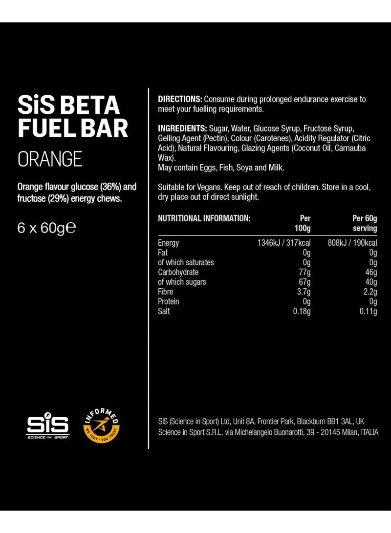 SIS Beta Energy Chews | 46g Carbohydrates | 1:0.8 Maltodextrin:Fructose Ratio | Dual Source Energy Chews | Easily Digestible | Orange Flavour | 6 Pack - Image 1